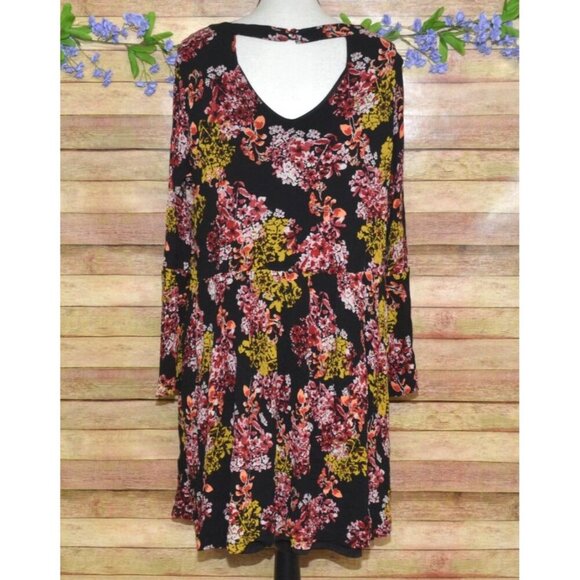 Nina Leonard Black Floral Boho Long Bell Sleeve Knee Length Dress Plus Size 2X - Picture 7 of 12